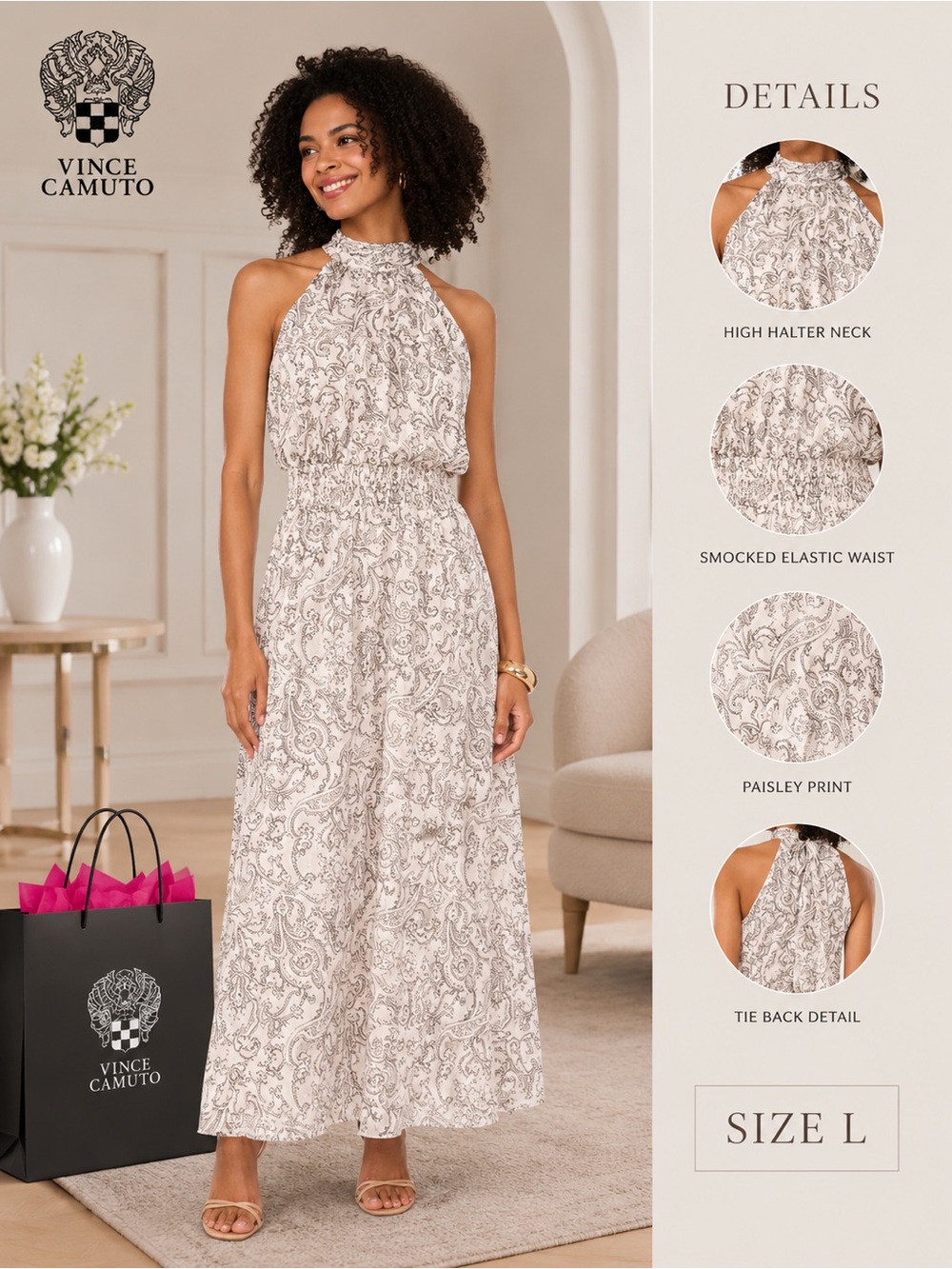 Vince Camuto Paisley Halter Maxi Dress in Cream and Taupe